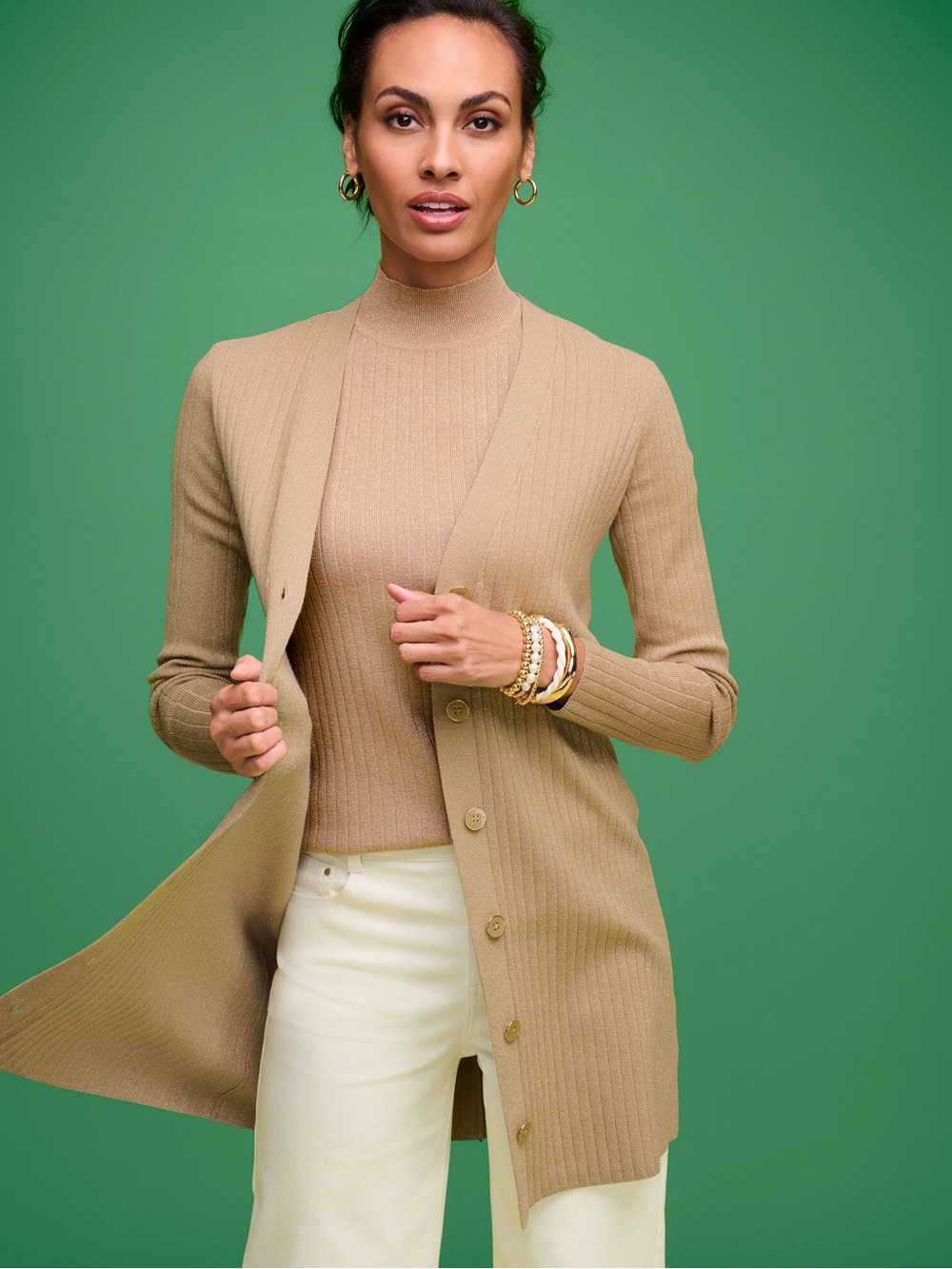 TALBOTS NWT 2X Metallic Shimmer Ribbed Cardigan • Rattan Sparkle Neutral Sweater